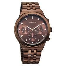 77173QM01  Sonata Eternia Quartz Multifunction Brown Dial Metal Strap Watch For Men