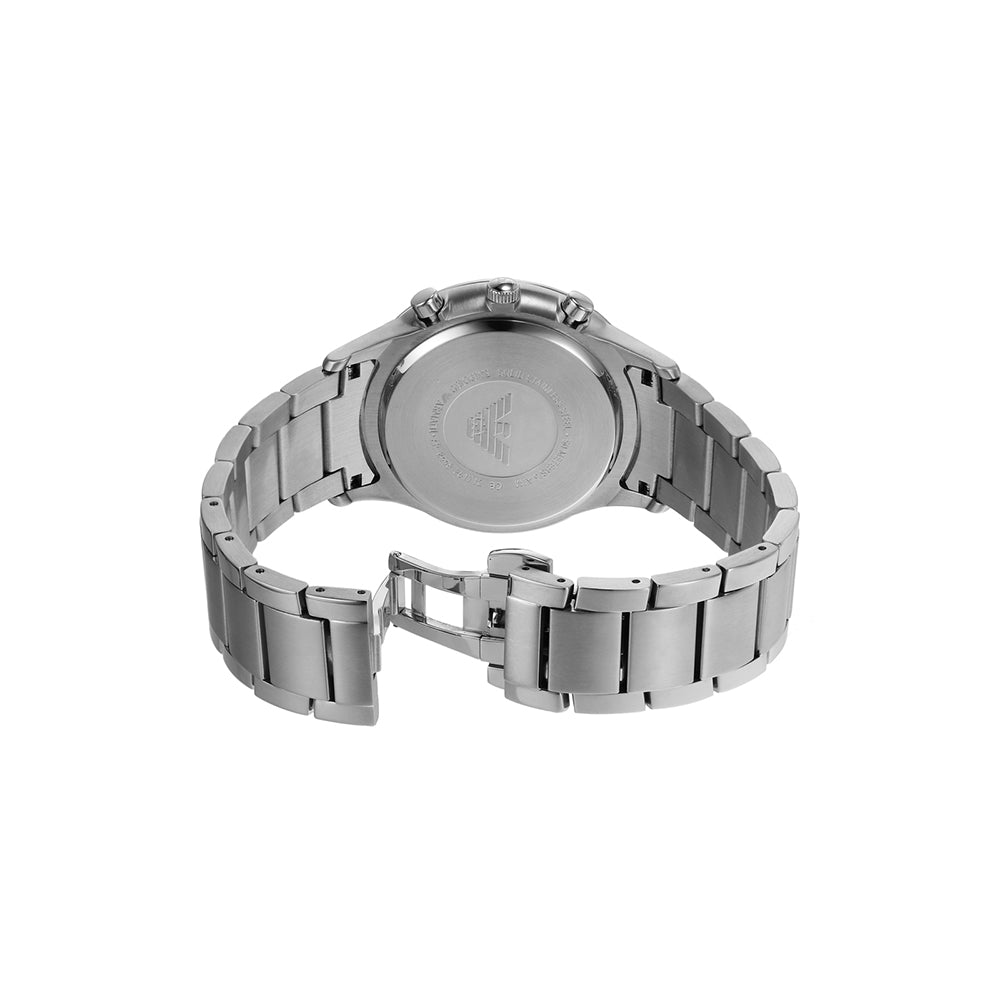 Back View Of Emporio Armani AR2448 Silver Watch with deep navy blue dial, chronograph function, and stainless steel bracelet.