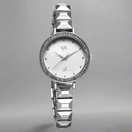 Fastrack FV60050SM01W Vyb Enigma Quartz Analog Mother of Pearl Dial Silver Color Metal Strap Watch For Girls.