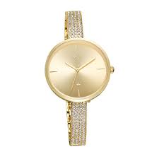 Front View Of Fastrack Vyb Starlet FV60009YM01W women’s analog watch with gold-toned embellished dial and bracelet-style strap