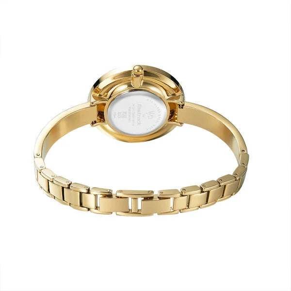 Back View Of Fastrack Vyb Starlet FV60009YM01W women’s analog watch with gold-toned embellished dial and bracelet-style strap
