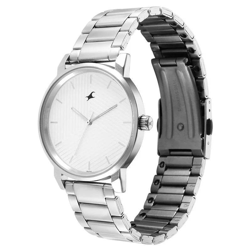 Fastrack 3278SM04 men's analog watch with a stylish black dial, silver-tone stainless steel case, and matching metal strap. A modern and sleek timepiece perfect for any occasion.