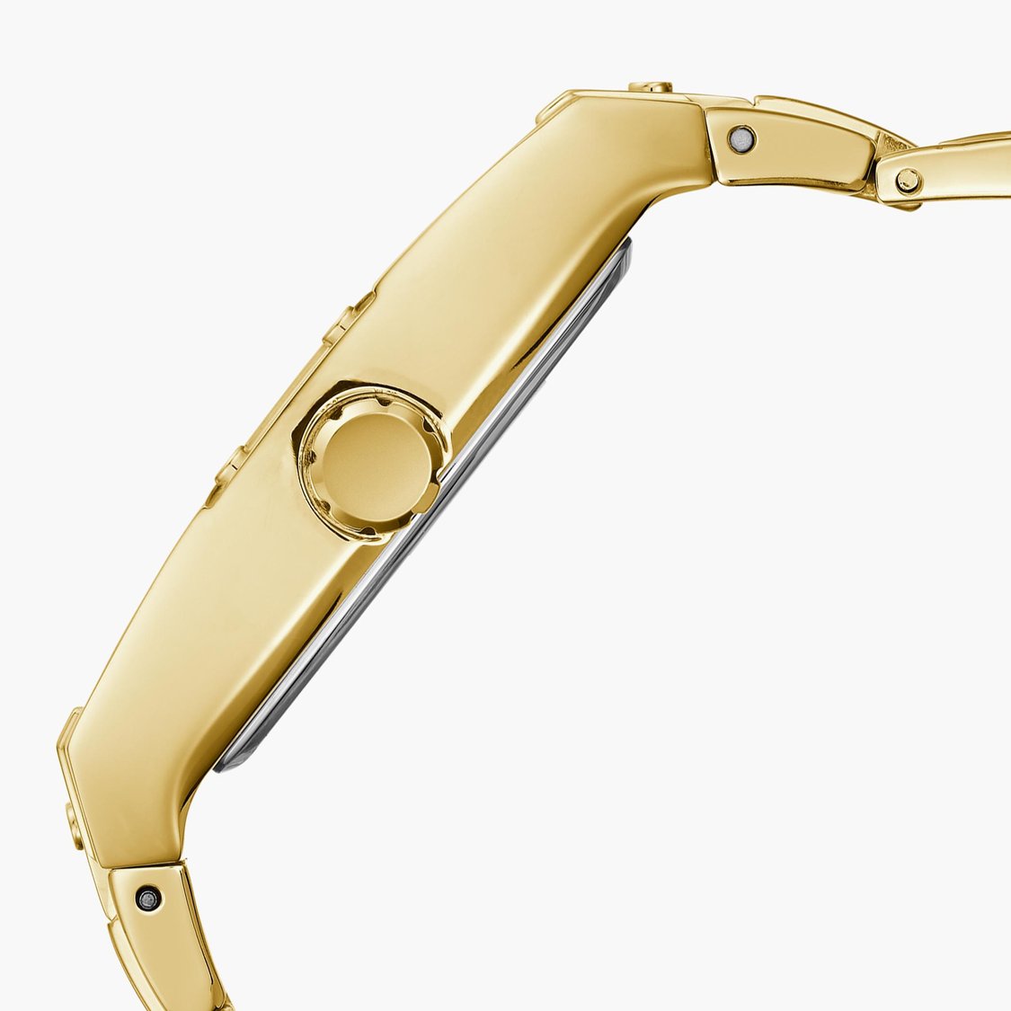 Side View Of Guess GW0456G2 Phoenix men’s watch with champagne rectangular dial and gold stainless steel strap.