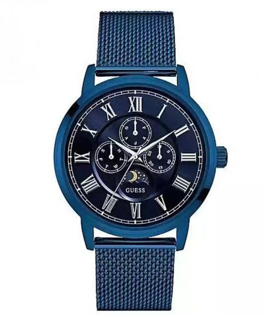 GUESS W0871G3 Men’s Multi-Function Stainless Steel Analog Watch with Blue Dial.