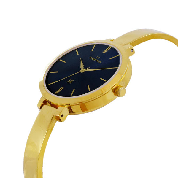 Side View Of Maxima 65811BMLY Gold Ladies Analog Watch with Blue Dial and Brass Strap
