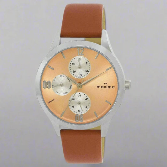 Maxima 67461LMLI Women’s Analog Multi-Function Watch with Peach Dial and Brown Strap