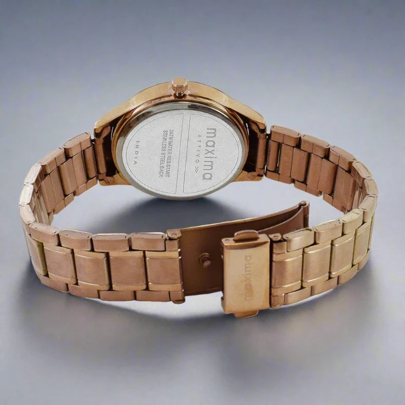 Back View Of Maxima 67481CMLR Women's Bracelet Style Rose Gold Multifunction Watch with Blue Dial
