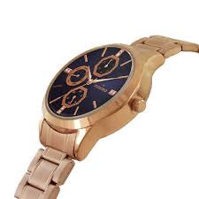 Side View Of Maxima 67481CMLR Women's Bracelet Style Rose Gold Multifunction Watch with Blue Dial