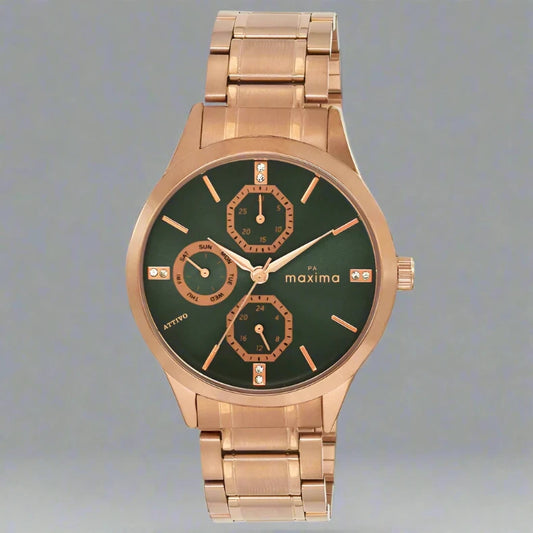 Maxima 67482CMLR Women’s Green Brass Dial Multi-Function Analog Watch with Gold Bracelet Strap
