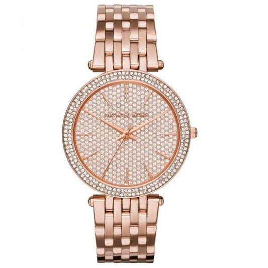 Michael Kors MK3439 Women's Stainless Steel Rose Crystal Pave Dial Watch with Rose Gold Band.