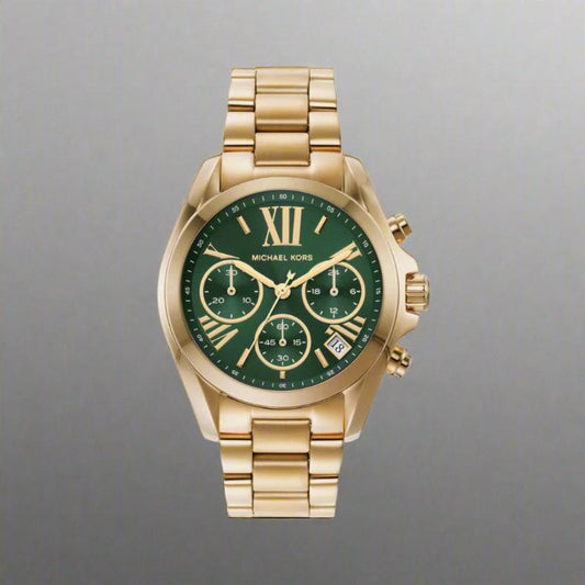 Michael Kors MK7257 Women's Stainless Steel Analog Green Dial Watch with Gold Band.