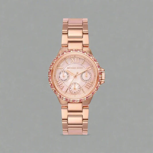 Michael Kors MK7273 Women's Mini Camille Rose Gold-Tone Watch with Pink Mother-of-Pearl Dial.