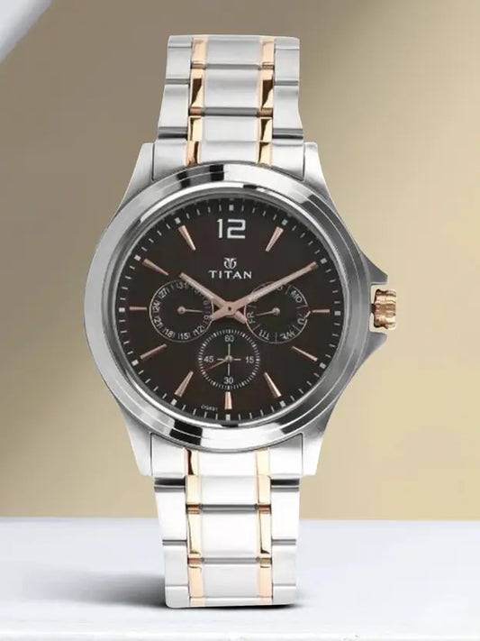 Titan Workwear Quartz Multifunction Brown Dial Stainless Steel Strap watch for Men