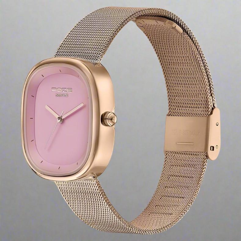 POZE BY SONATA SP80073WM01W QUARTZ ANALOG PINK DIAL MESH STRAP WATCH FOR WOMEN