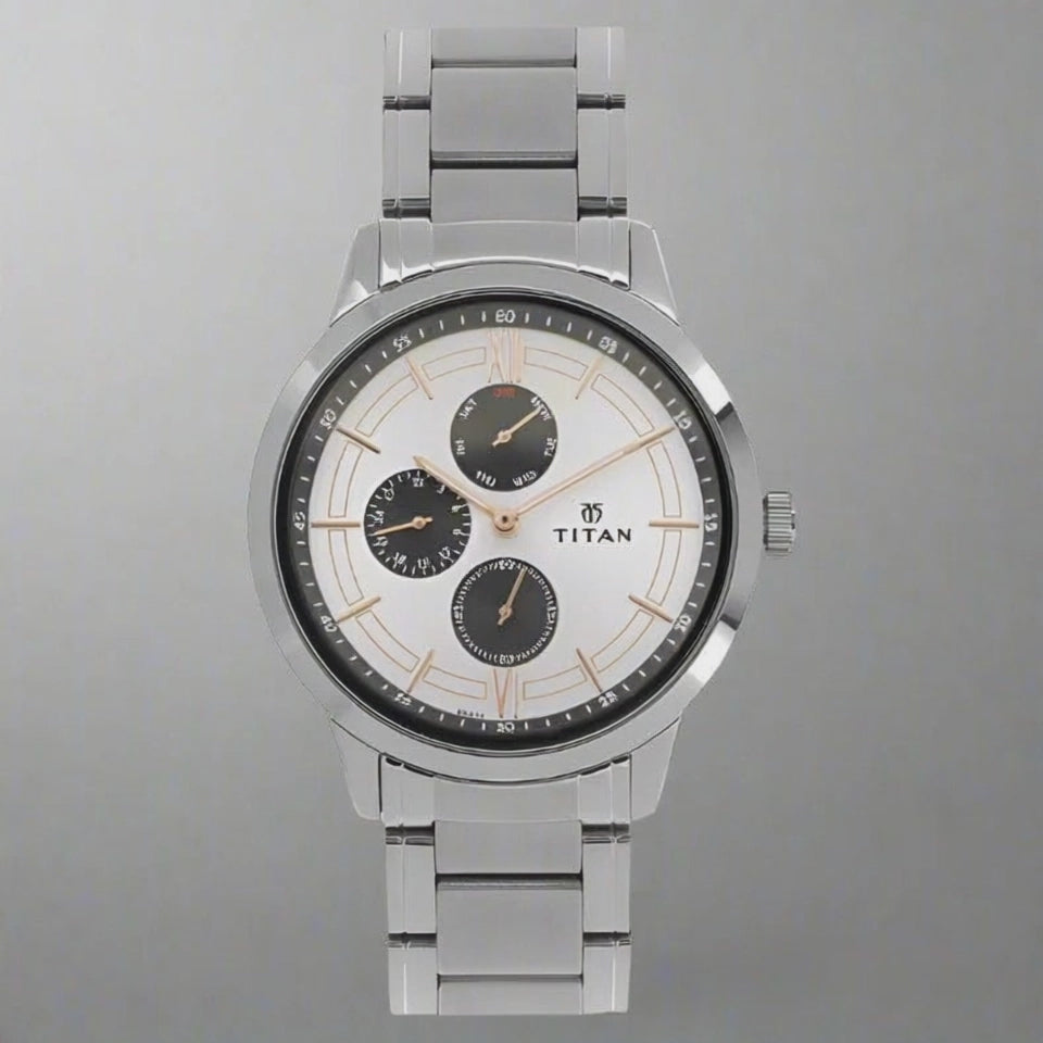 Video View Of Titan NT1769SM02 Workwear White Dial Quartz Multifunction Stainless Steel Strap Watch for Men with a sleek silver-tone case, rosegold indices, and a dual-tone metal strap.