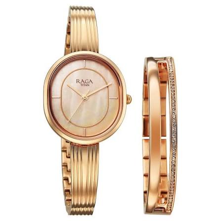 2776WM01F Titan Raga Contempore Quartz Analog Rose Gold Mother Of Pearl Dial Metal Strap Watch For Women