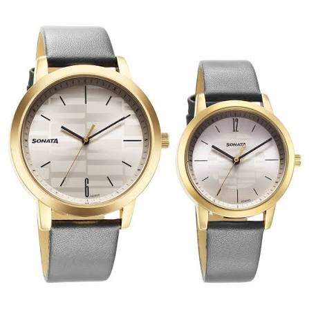 7712887047YL01 Sonata Alloy Pairs Quartz Analog Silver Leather Strap for Couple