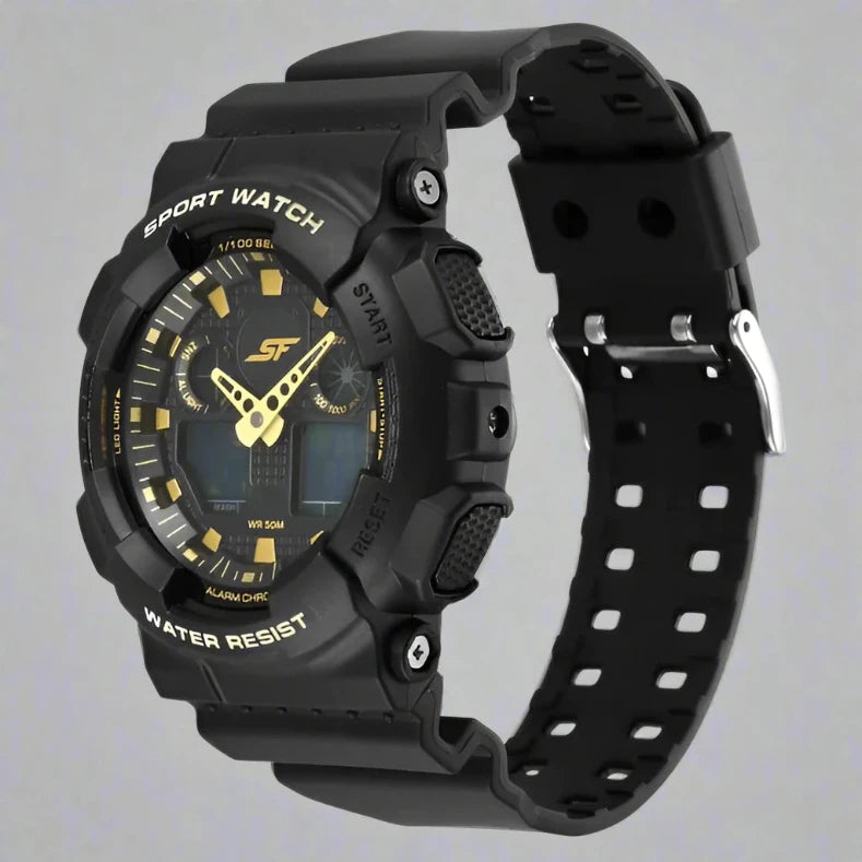 Side View Of SF NT87058PP03 Vigour Analog-Digital Black Dial Unisex Watch with a durable plastic strap and sporty design.
