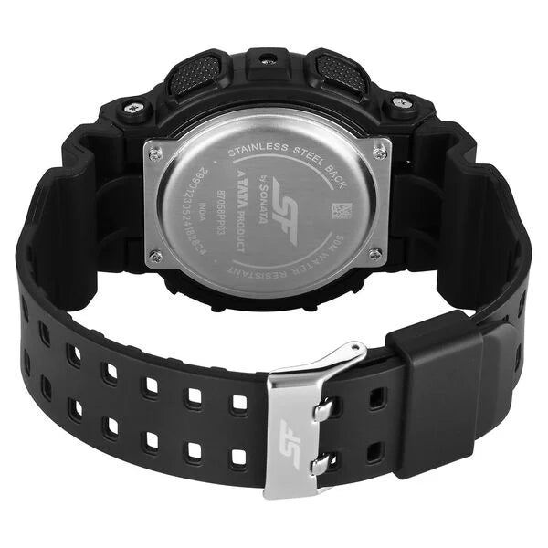 Back View Of SF NT87058PP03 Vigour Analog-Digital Black Dial Unisex Watch with a durable plastic strap and sporty design.
