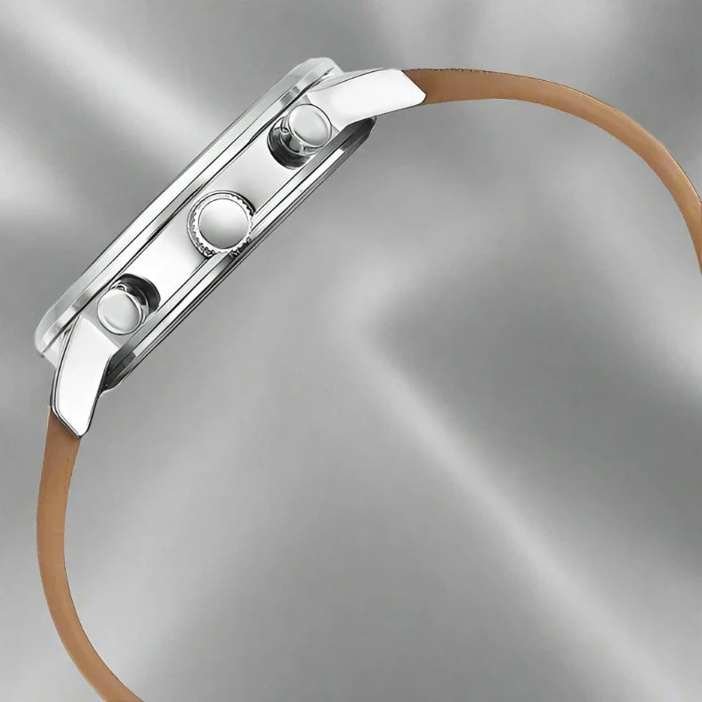 Side Look Of Sonata 77139SL01 Quartz Multifunction Silver Dial Brown Leather Strap Watch.