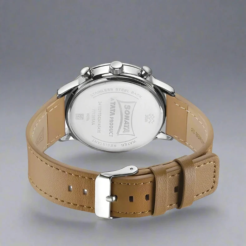Back Look Of Sonata 77139SL01 Quartz Multifunction Silver Dial Brown Leather Strap Watch.