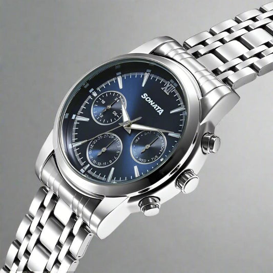 Sonata 77158SM01 Wedding Multifunction Blue Dial Stainless Steel Strap Watch for Men – A stylish and elegant timepiece with a sophisticated blue dial and multifunction display.