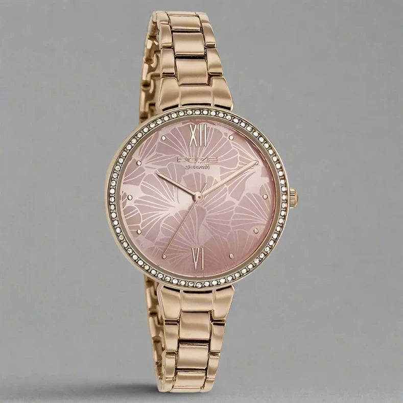 Close View Of Sonata SP80066WM01W Poze Quartz Analog Watch for Women with a Pink Dial and Rose Gold Metal Strap