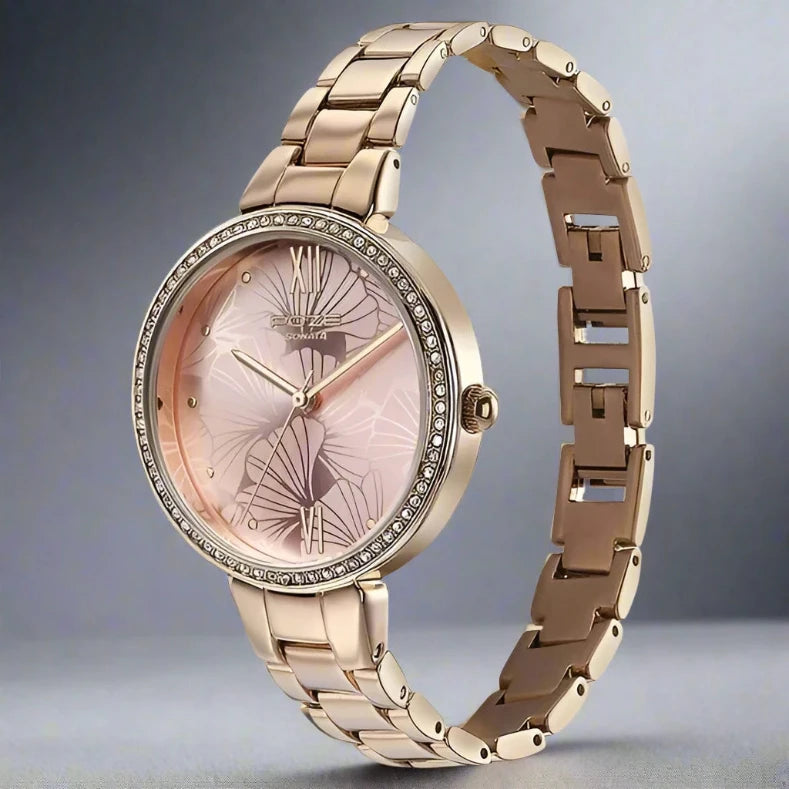 Side View Of Sonata SP80066WM01W Poze Quartz Analog Watch for Women with a Pink Dial and Rose Gold Metal Strap