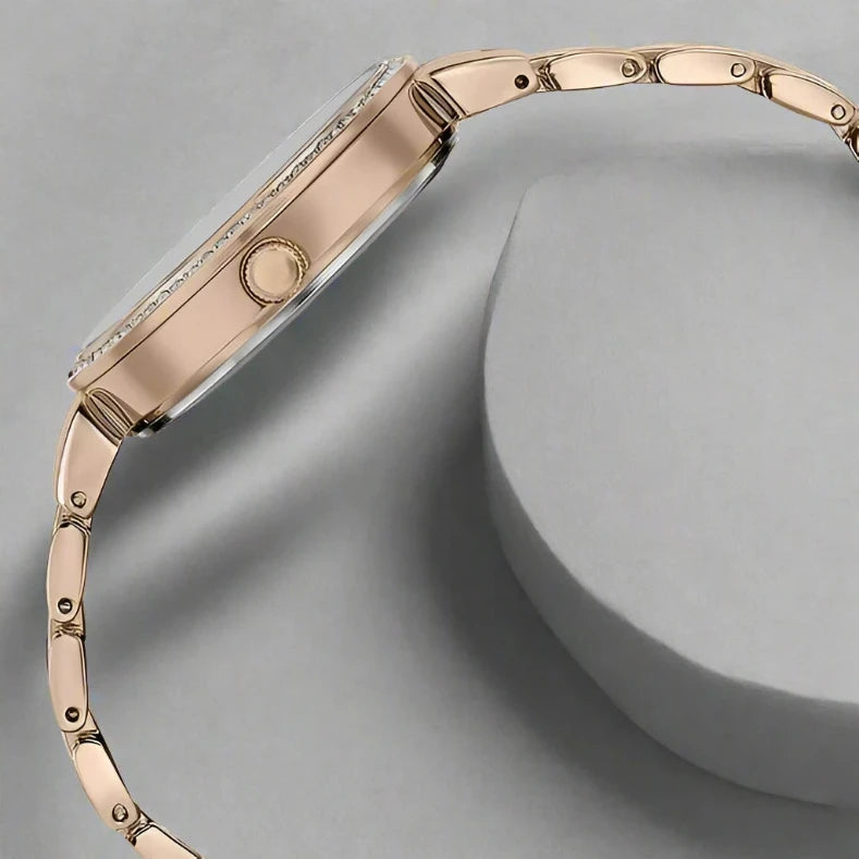 Side View Of Sonata SP80066WM01W Poze Quartz Analog Watch for Women with a Pink Dial and Rose Gold Metal Strap