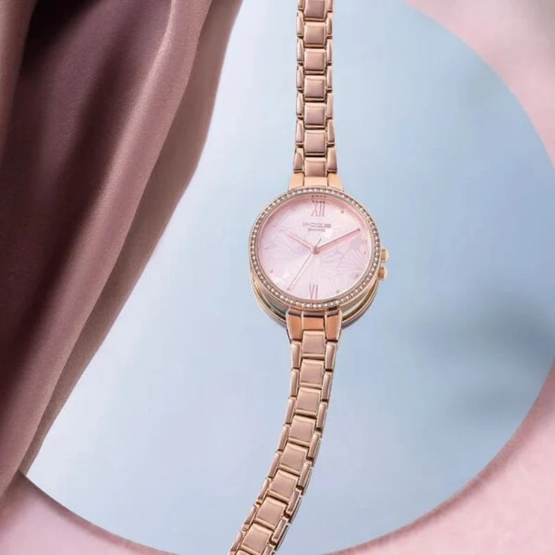 Sonata SP80066WM01W Poze Quartz Analog Watch for Women with a Pink Dial and Rose Gold Metal Strap
