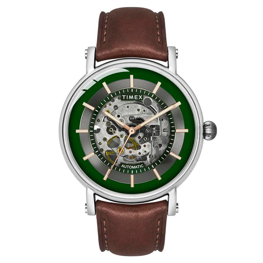 Timex E-Class TWEG16717 Men's Green Dial Round Case Automatic Function Watch with Brown Leather Strap and 30M Water Resistance