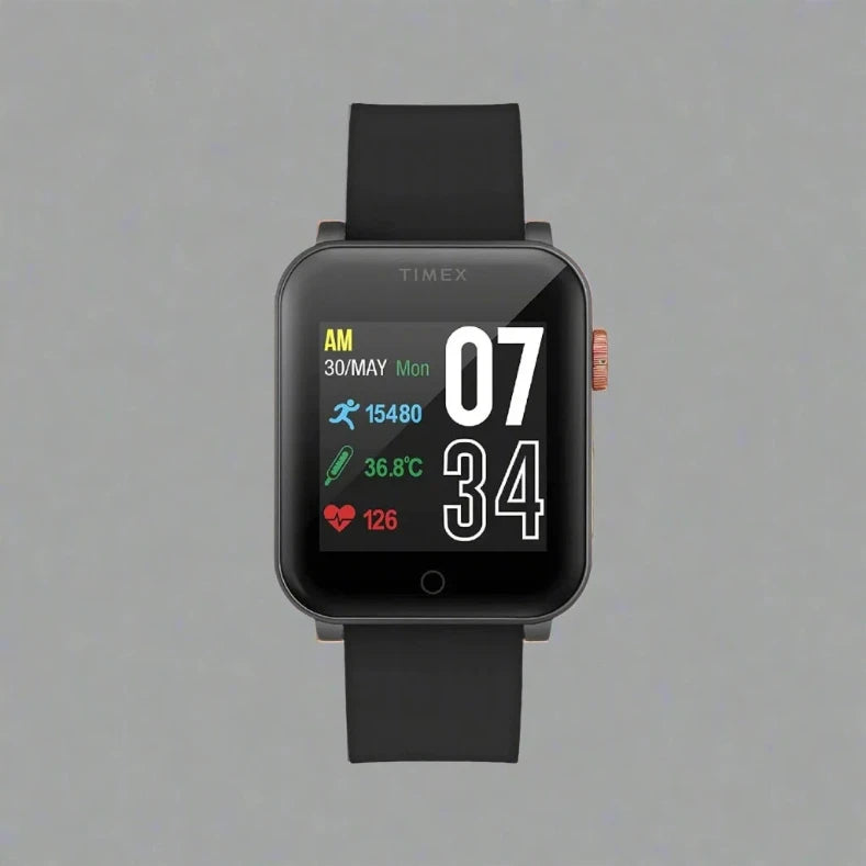 Display View Of TIMEX TIMEX-Fit-2.0 Smartwatch with a black silicone strap and square dial.