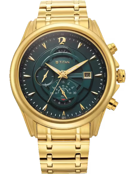 Titan Regalia Premium Quartz Chronograph with Date Forest Green Dial Gold Stainless Steel Strap Watch for Men - NT1830YM02