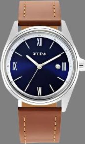 Close View Of Titan 1864SL11 Quartz Analog Blue Dial Leather Strap Watch for Men.