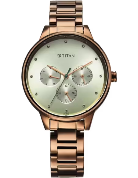 2648QM03 Titan Razzle Dazzle Quartz Analog with Day and Date Green Dial Brown Stainless Steel Strap Watch For Women