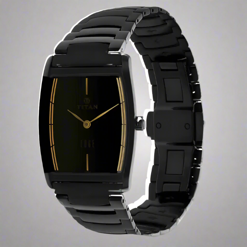 Side View Of Titan NS1044NM01 Edge Black Tonneau Dial Analog Stainless Steel Strap Watch.