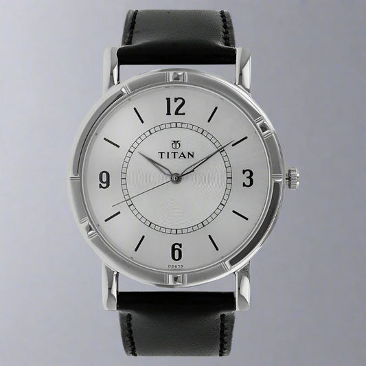 Titan NN1639SL03 Quartz Analog Silver Dial Leather Strap Black Watch for Men – A timeless and elegant timepiece with a classic silver dial and genuine black leather strap.