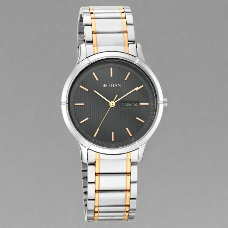 Titan NS1775KM01 Quartz Analog Watch with Day and Date, Black Dial, and Two-Toned Metal Strap for Men