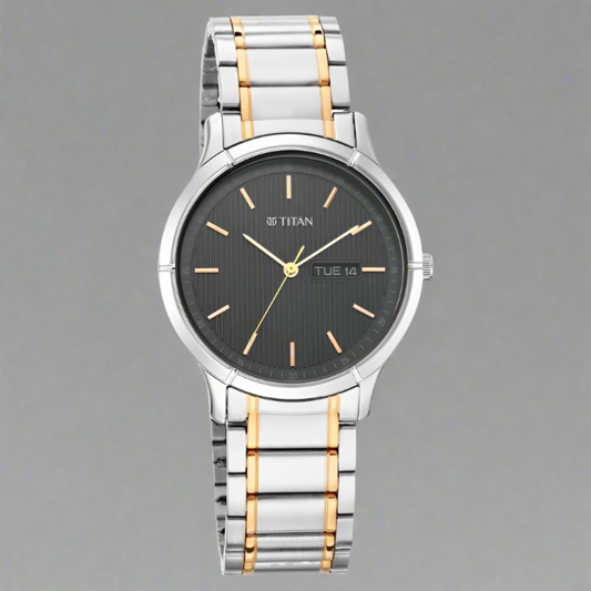 Titan NS1775KM01 Quartz Analog Watch with Day and Date, Black Dial, and Two-Toned Metal Strap for Men