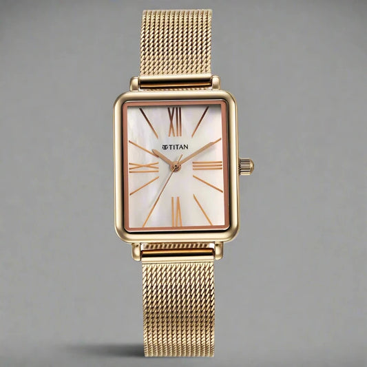 Titan NS95181WM01 Slimline Quartz Analog Watch featuring a mother-of-pearl dial and rose gold stainless steel strap, designed for elegant style.