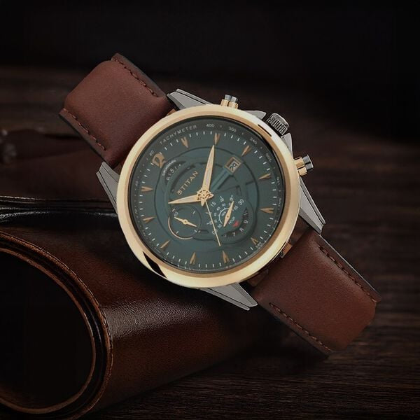 Titan NT1830KL02 Maritime Pro Chronograph Men’s Watch with Green Dial and Brown Leather Strap