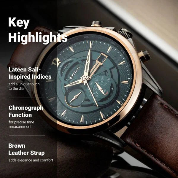 Titan NT1830KL02 Maritime Pro Chronograph Men’s Watch with Green Dial and Brown Leather Strap