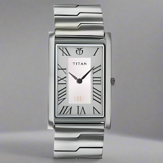 Titan Quartz Analog Silver Dial Watch NB1615SM01 with a sleek rectangular stainless steel case and precision quartz movement.