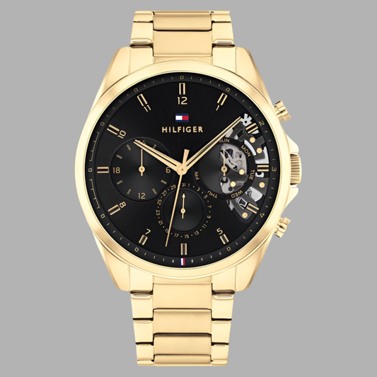 Tommy Hilfiger 1710447 Men's Watch with Black Dial, Gold-Tone Stainless Steel Case, and Bracelet