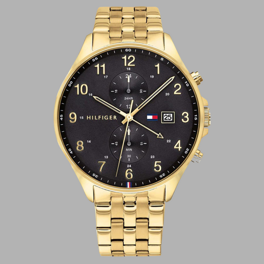 Tommy Hilfiger 1791708 Men's Watch with Black Dial, Gold Accents, and Black Stainless Steel Strap
