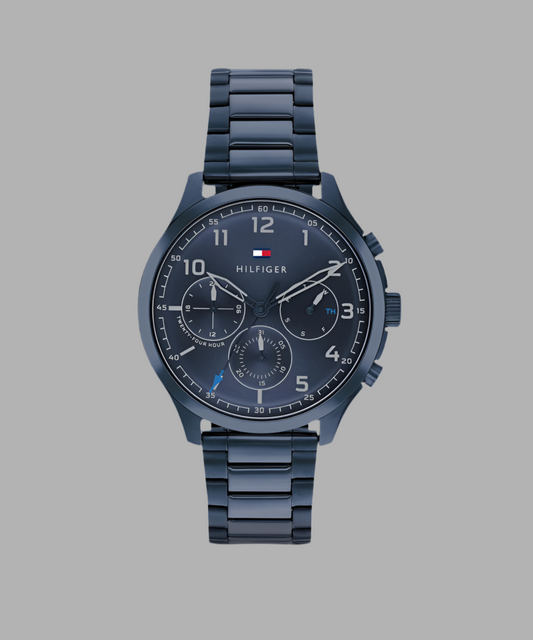 Tommy Hilfiger 1791853 Men's Watch with Blue Dial, Black Stainless Steel Case, and Silicone Strap