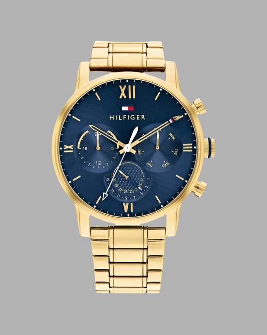 Tommy Hilfiger 1791880 Men's Watch with Blue Dial, Gold-Tone Stainless Steel Case, and Chronograph Functionality