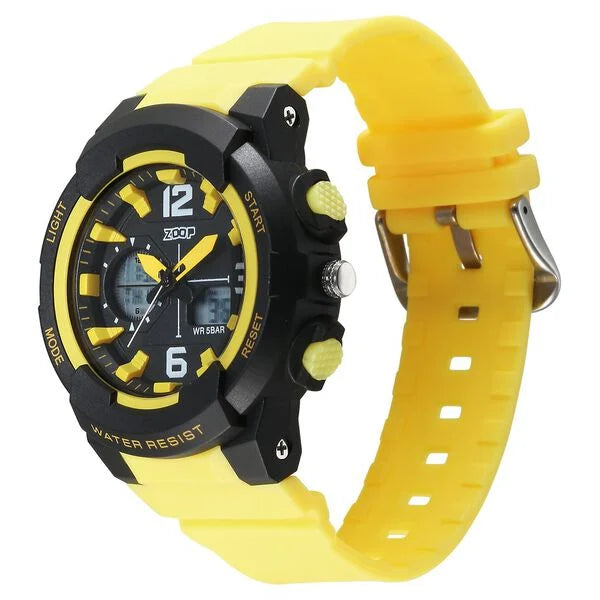 Side View Of Zoop NT26026PP06W analog digital kids watch with stylish black dial and comfortable colorful yellow Titan Zoop strap